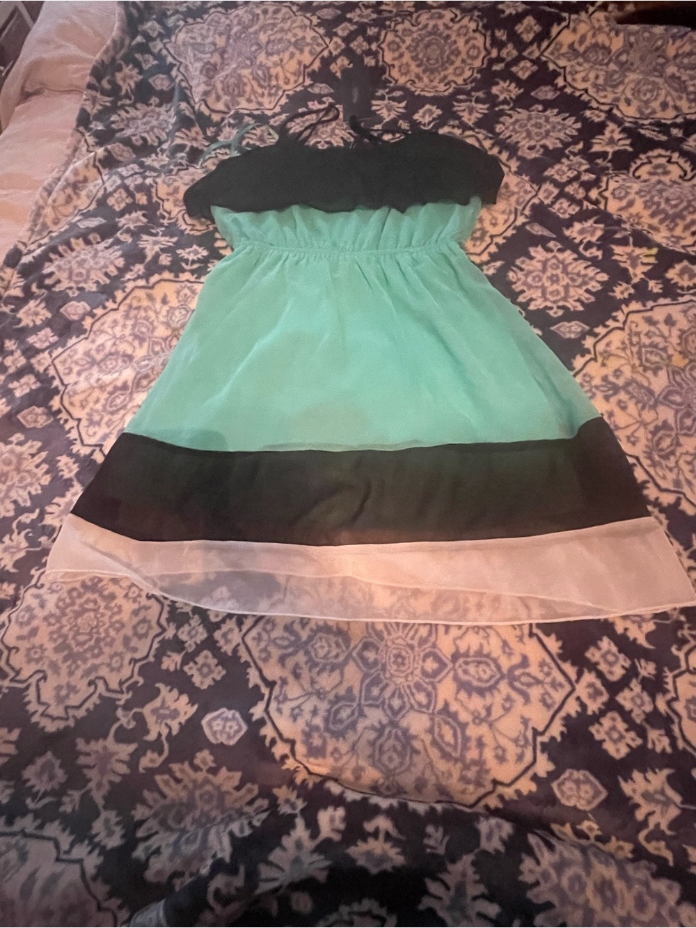 Girls Strapless Mint and Black Colorblock Dress